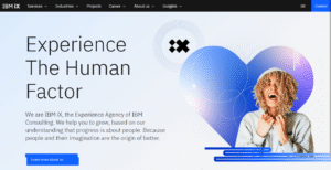 Screenshot of IBM iX homepage showing their enterprise digital innovation services.