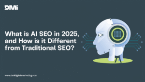 What is AI SEO in 2025 and how it differs from traditional SEO – illustration of a robotic head with digital circuits on a dark background.