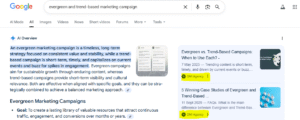 Screenshot of a Google search result for “evergreen and trend-based marketing campaign,” showing AI Overview text and two DMi Agency articles listed in the results.