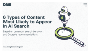 Robot scanning through a magnifying glass next to the title “6 Types of Content Most Likely to Appear in AI Search.”