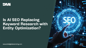A hand points toward a glowing digital “SEO” interface, symbolizing AI-driven search evolution and the shift from keyword research to entity optimization.