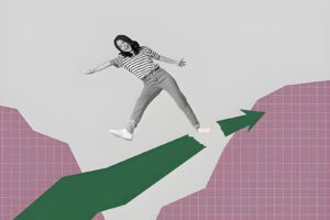 Person leaping across a content gap toward an upward-trending arrow — illustrating how to bridge AI search visibility gaps